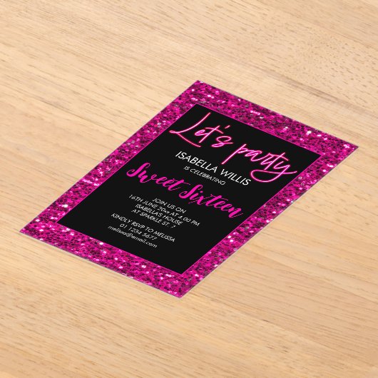 Heet roze sparkles Sweet 16 neon laat partij Acryl Uitnodigingen (Laagn)