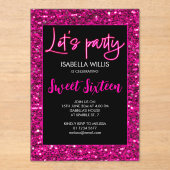 Heet roze sparkles Sweet 16 neon laat partij Acryl Uitnodigingen (Voorkant)