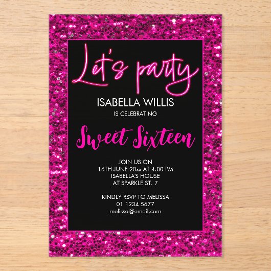 Heet roze sparkles Sweet 16 neon laat partij Acryl Uitnodigingen (Voorkant)