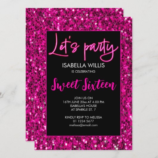 Heet roze sparkles Sweet 16 neon laat partij Kaart (Voorkant / Achterkant)