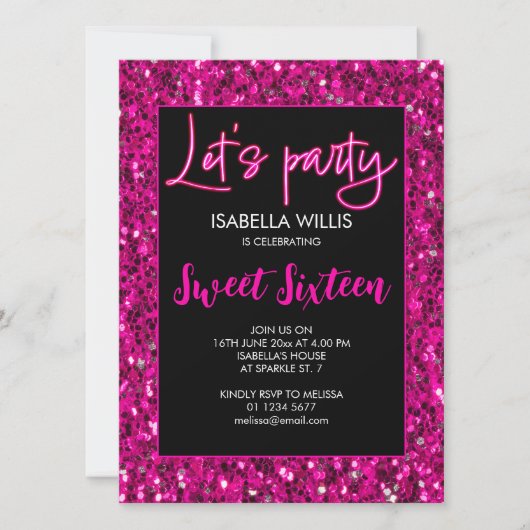 Heet roze sparkles Sweet 16 neon laat partij Kaart (Voorkant)