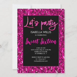 Heet roze sparkles Sweet 16 neon laat partij Kaart