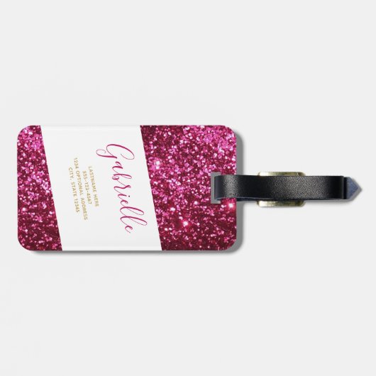 Heet Roze Sparkly Glitter Helder & Girly Bagagelabel (Achterkant horizontaal)
