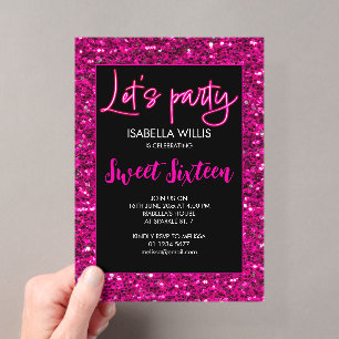 Heet roze sprankels Sweet 16 neon laten we feest v Acryl Uitnodigingen