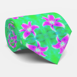 Heet Roze Stargazer Lelie op Turquoise en Groen Stropdas