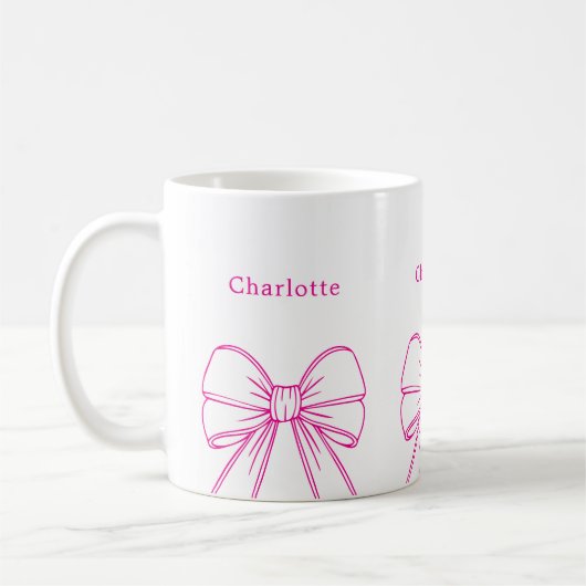Heet roze strik script naam koffiemok (Links)