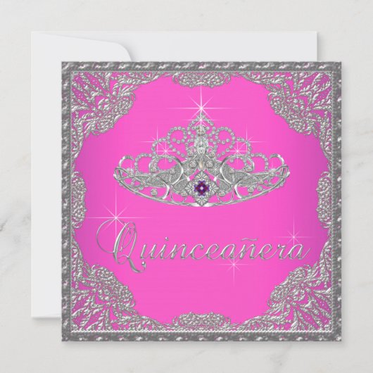 Heet Roze Tiara Quinceanera Kaart (Voorkant)
