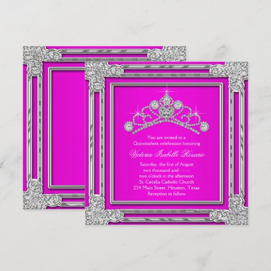 Heet Roze Tiara Sweet 15 Quinceanera Kaart (Voorkant / Achterkant)