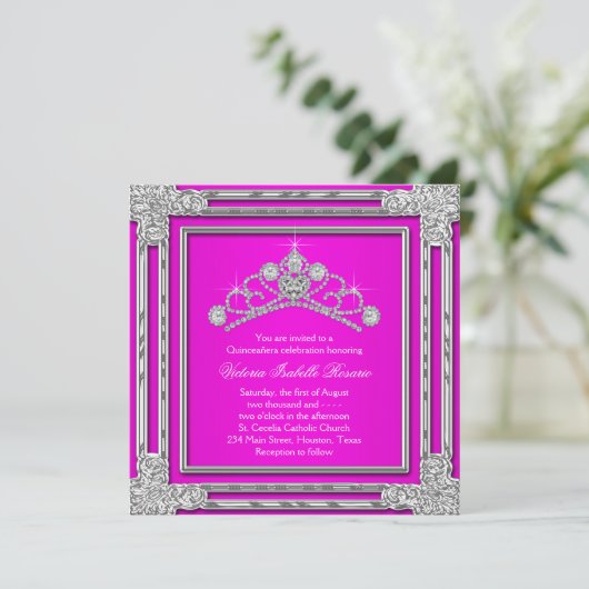 Heet Roze Tiara Sweet 15 Quinceanera Kaart (Staand voorkant)