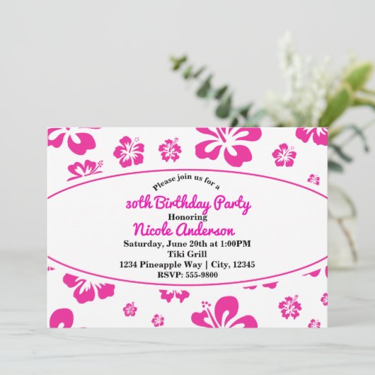 Heet Roze Tropische Hibiscus Bloemen Feest Uitnodi Kaart (Staand voorkant)