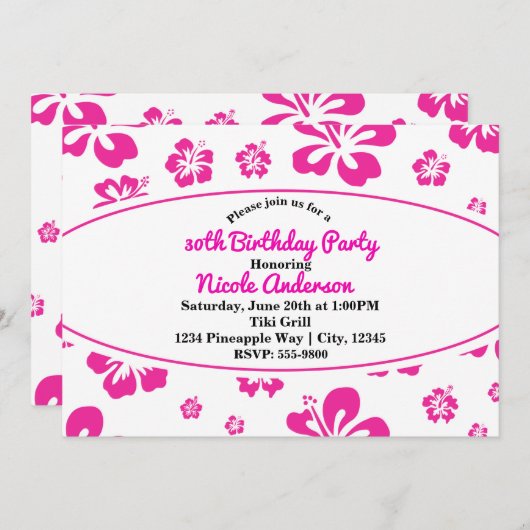 Heet Roze Tropische Hibiscus Bloemen Feest Uitnodi Kaart (Voorkant / Achterkant)