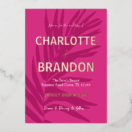 Heet Roze Tropische Palm Leaf Bruiloft Folie Uitnodiging