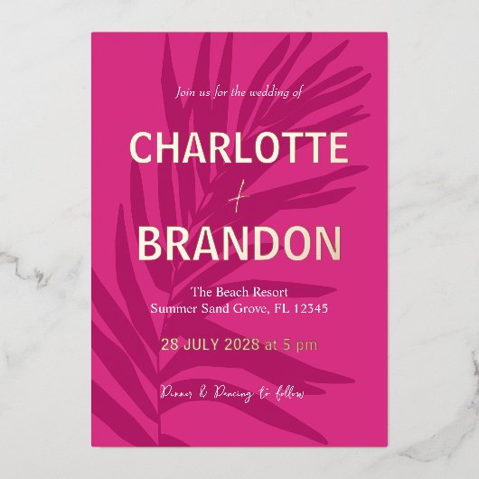 Heet Roze Tropische Palm Leaf Bruiloft Folie Uitnodiging (Voorkant)