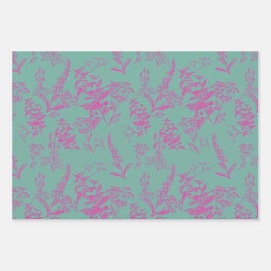 Heet Roze & Turquoise Wildflower Line Art Inpakpapier Vel (Voorkant 2)