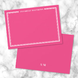 Heet Roze Twee Rand Minimalistische Naam Monogram Notitiekaartje