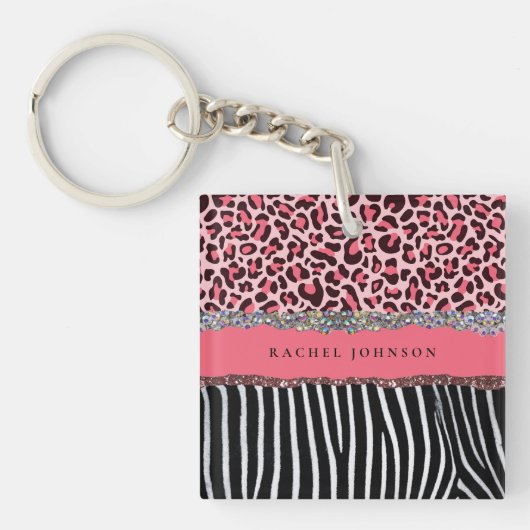 Heet Roze Unieke Glitter Luipaardprint Luxe Sleutelhanger (Voorkant)