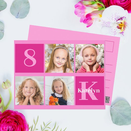 Heet Roze Verjaardagsmeisje Foto Collage Chic Briefkaart