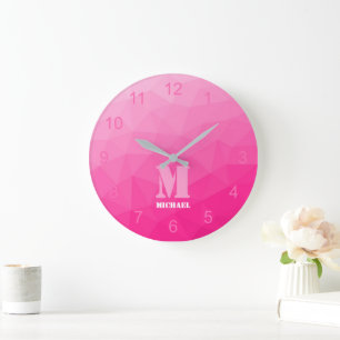 Heet roze verloop geometrie Mesh Patroon Monogram Grote Klok