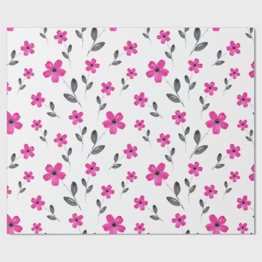 Heet Roze Vijf Petaal Waterverf Bloempatroon Cadeaupapier (Vlak)