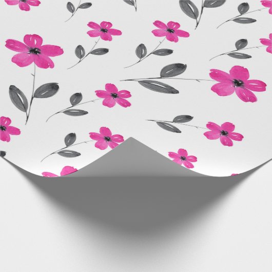 Heet Roze Vijf Petaal Waterverf Bloempatroon Cadeaupapier (Hoek)