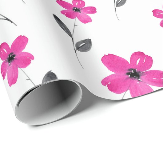 Heet Roze Vijf Petaal Waterverf Bloempatroon Cadeaupapier (Rol Hoek)