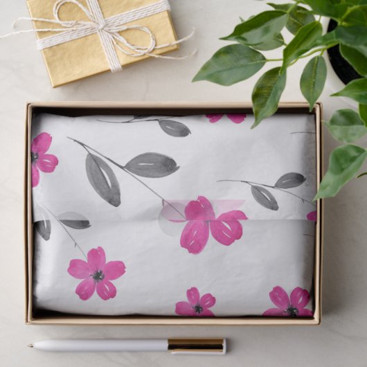 Heet Roze Vijf Petaal Waterverf Bloempatroon Tissuepapier (Geschenk)