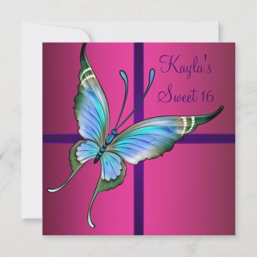 Heet roze vlinder Sweet 16-feest Kaart (Voorkant)