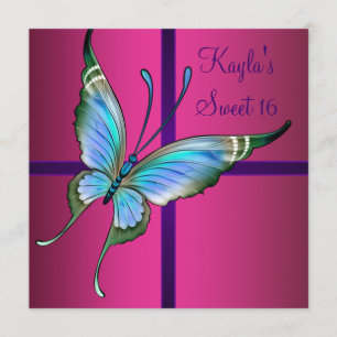 Heet roze vlinder Sweet 16-feest Kaart