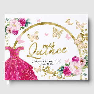 Heet roze vlinderjurk Quinceanera-gastenboek   Gastenboek