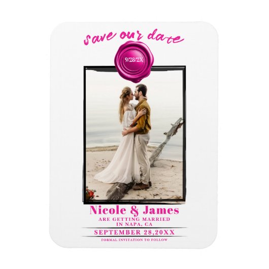 Heet Roze Waszegel Foto Bruiloft Save the Date Magneet (Verticaal)