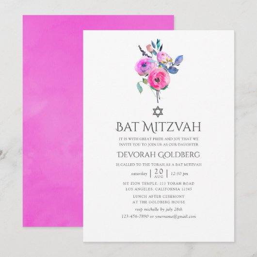 Heet-roze waterverf bloem Bat Mitzvah Kaart (Voorkant / Achterkant)