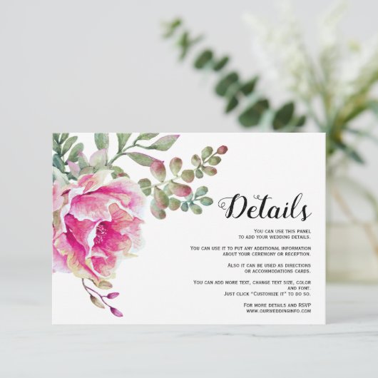 Heet roze waterverf bloemen bloemenbruiloft detail informatiekaartje (Staand voorkant)