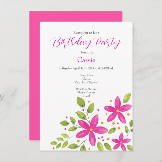 Heet Roze Waterverf Bloemen Boeket Kaart (Voorkant / Achterkant)