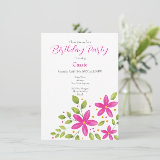 Heet Roze Waterverf Bloemen Boeket Kaart (Staand voorkant)