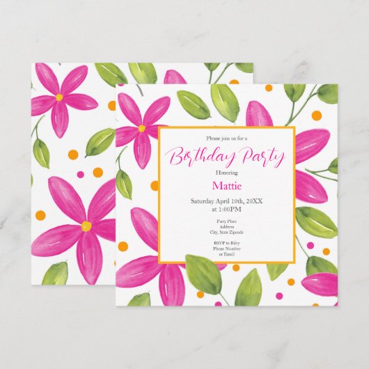 Heet Roze Waterverf Bloemen Boeket Kaart (Voorkant / Achterkant)