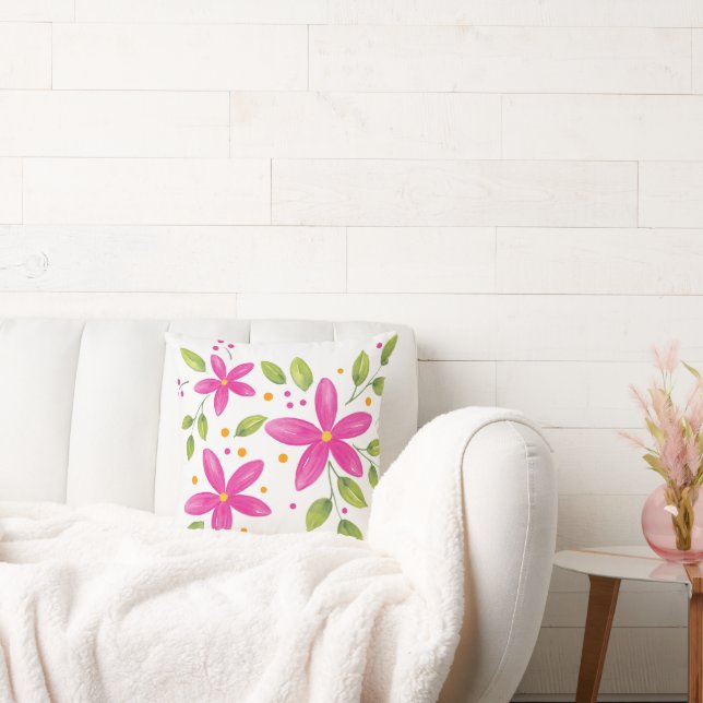 Heet Roze Waterverf Bloemen Boeket Kussen (Bank)