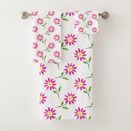 Heet Roze Waterverf Daisy Pattern Bad Handdoek (Insitu)