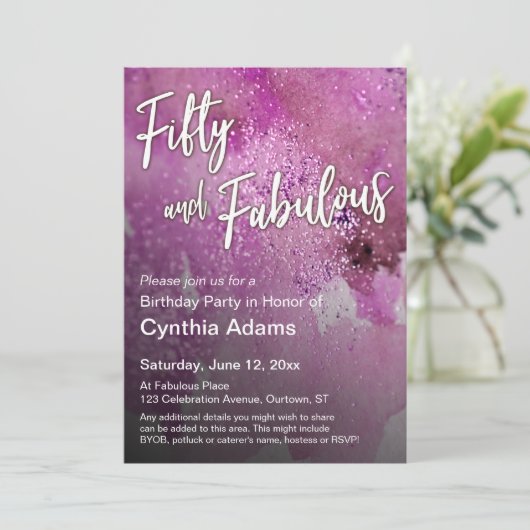 Heet Roze Waterverf Glitter Vijftig en Fabulous Kaart (Staand voorkant)