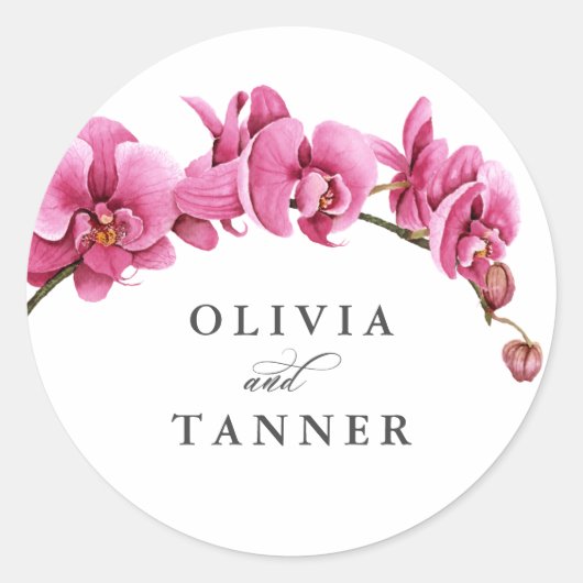 Heet Roze Waterverf Orchideeën Tropische bruiloft Ronde Sticker (Voorkant)