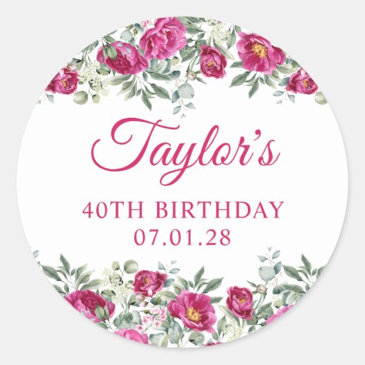 Heet Roze Waterverf Pioenen 40e Verjaardag Ronde Sticker (Voorkant)