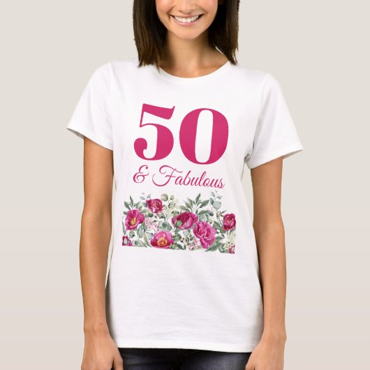 Heet Roze Waterverf Pioenen 50 & Fabulous T-shirt (Voorkant)