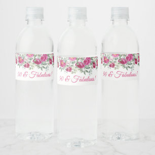 Heet Roze Waterverf Pioenen 50 & Fabulous Waterfles Etiket