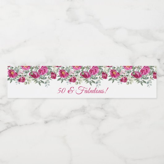 Heet Roze Waterverf Pioenen 50 & Fabulous Waterfles Etiket (Enkel label)