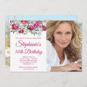 Heet Roze Waterverf Pioenen Foto 50e Verjaardag Kaart (Voorkant / Achterkant)