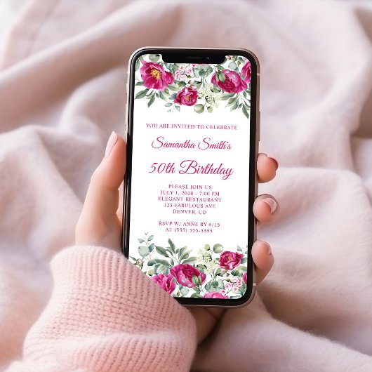 Heet Roze Waterverf Pioenrozen 50e Verjaardag Kaart