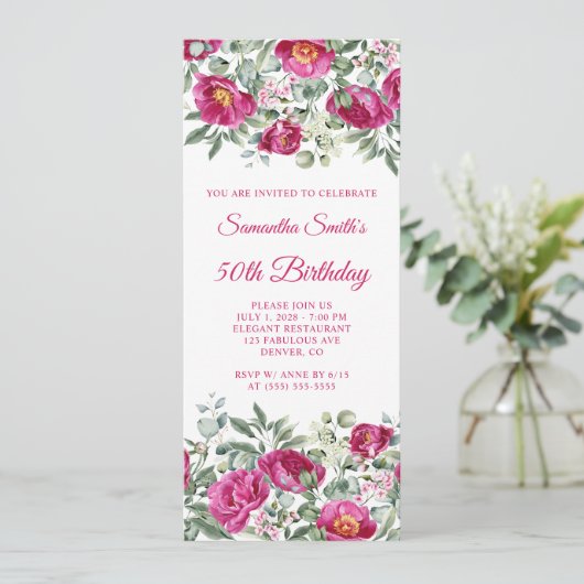 Heet Roze Waterverf Pioenrozen 50e Verjaardag Kaart (Staand voorkant)
