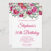 Heet Roze Waterverf Pioenrozen 50e Verjaardag Kaart (Voorkant / Achterkant)