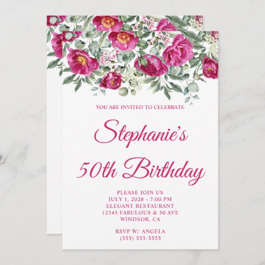 Heet Roze Waterverf Pioenrozen 50e Verjaardag Kaart (Voorkant / Achterkant)