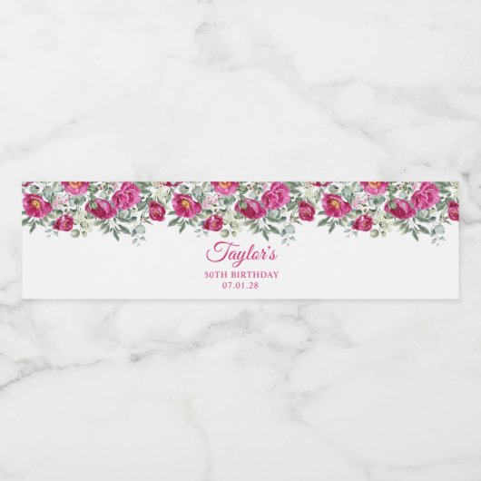 Heet Roze Waterverf Pioenrozen 50e Verjaardag Waterfles Etiket (Enkel label)