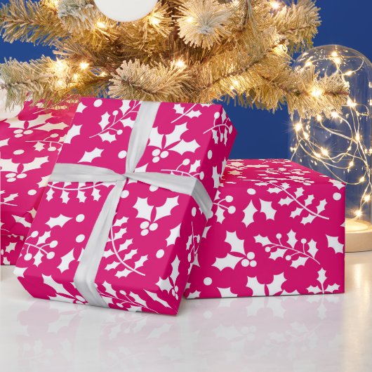 Heet Roze Winter Kerstmis Hulst Cadeaupapier (Feestdagen)
